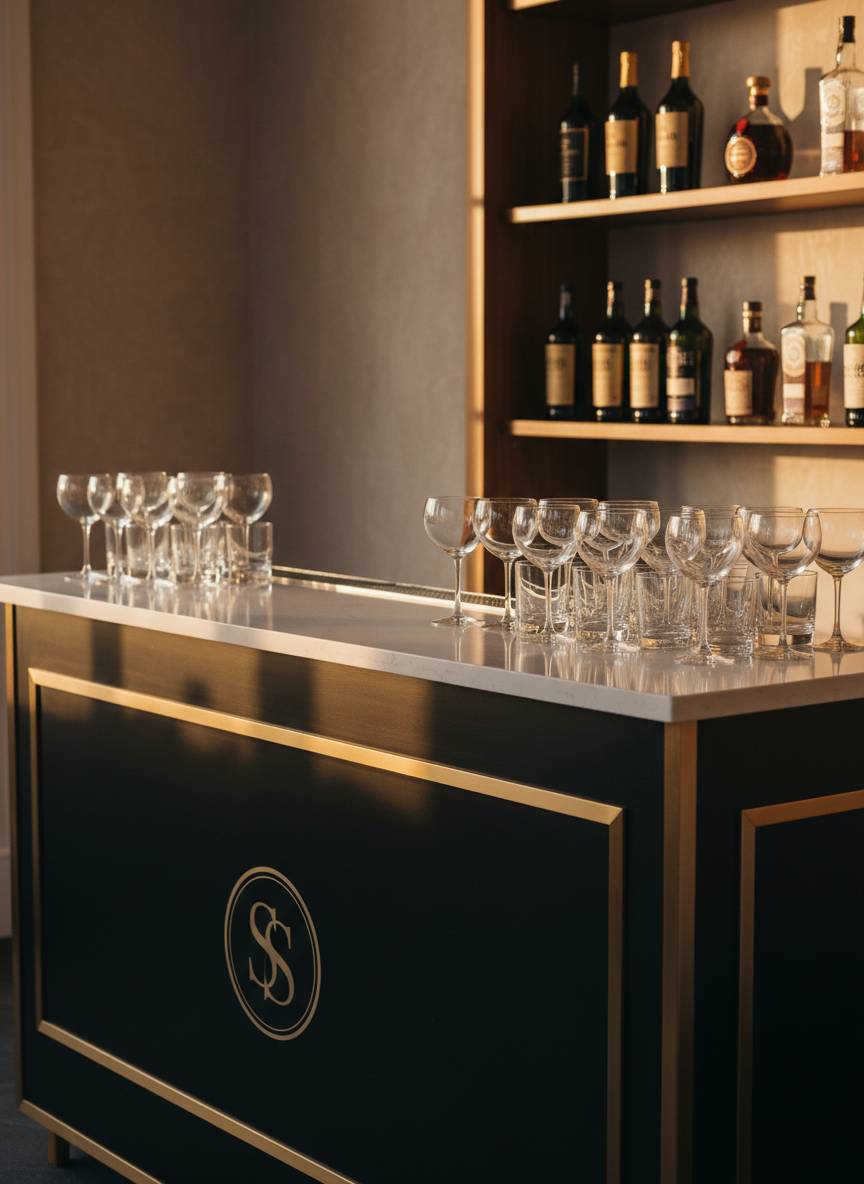 A meticulously arranged luxury mobile bar setup featuring a sleek, matte black portable bar with brushed brass edging and a subtle Stirred Standard–style monogram on the front panel. Crystal-clear coupe, martini, and rocks glasses are precisely aligned on a polished white quartz countertop, each catching reflections from the surface. Behind, an elegant display of premium spirits in dark glass bottles stands on tiered walnut shelves. Warm, diffused golden hour lighting washes across the scene, creating gentle highlights on glass and metal while the background softly blurs into a refined, neutral-toned interior. Photographic realism, eye-level composition, shallow depth of field, and a calm, sophisticated atmosphere suitable for a luxury mobile bartending brand homepage hero image.