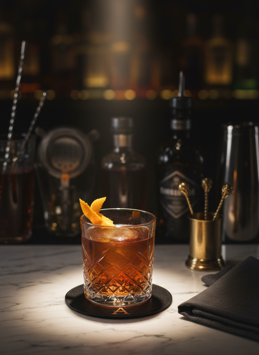 A detailed close-up photographic image of a signature cocktail being showcased on a mobile bar surface, with no hands or people visible. The drink is a deep amber spirit-forward cocktail in a cut-crystal rocks glass, crowned with a perfectly expressed citrus peel resting on a monogrammed black leather coaster. Tiny droplets of condensation glisten on the glass. The bar top is a veined white marble, with a neatly folded charcoal linen napkin and a small, polished brass garnish pick holder arranged nearby. Soft, warm spotlighting from above isolates the drink against a dark, gently blurred background of bar bottles and tools, creating a gallery-like presentation. The composition centers the cocktail with shallow depth of field, conveying precision, luxury, and focus on craft.