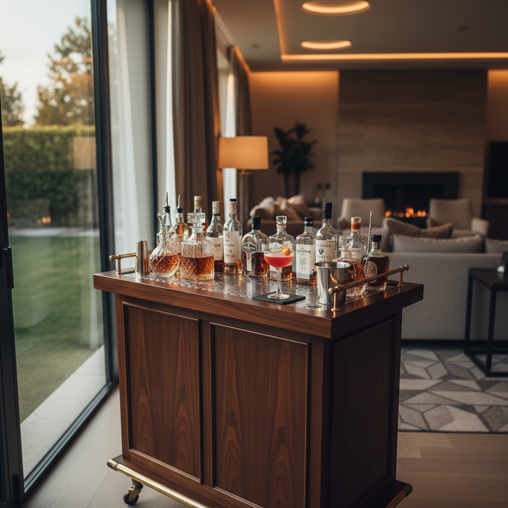 A polished photographic scene of a mobile bar setup in an elegant private residence living room. A fold-out bar unit with a rich, dark wood façade and discreet brass casters is positioned near a large floor-to-ceiling window, its surface styled with a curated selection of premium spirits, crystal decanters, and a single signature cocktail resting on a black slate coaster. In the softly blurred background, tasteful neutral furnishings and a modern fireplace suggest an upscale gathering without any visible people. Late afternoon natural light streams in, mingling with the warm glow of recessed ceiling lights to create a layered, inviting atmosphere. Captured from a slightly elevated angle, the composition emphasizes the seamless integration of luxury mobile bartending into a refined home environment.