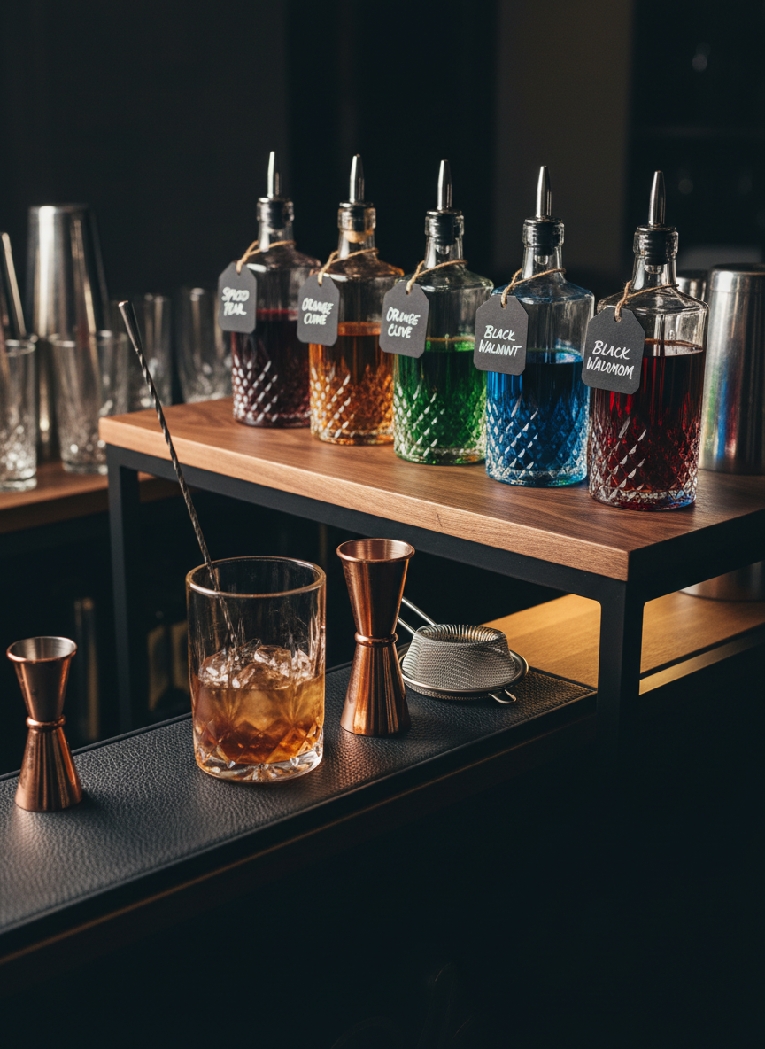 A close-up photographic scene of an impeccably organized mobile bartending workstation on a portable bar cart with a dark walnut top and matte black frame. A row of labeled crystal mixing bottles contains jewel-toned house-made syrups, bitters, and infusions, each illuminated by subtle underlighting from beneath the counter. A polished mixing glass with a long, twisted bar spoon rests on a black leather bar mat, alongside a precision jigger and a fine mesh strainer. The background fades into a soft bokeh of out-of-focus bar accessories. Dramatic side lighting creates striking reflections in the glass and metal, conveying precision and craftsmanship. The composition uses rule of thirds with a shallow depth of field, evoking a quietly luxurious, professional mobile cocktail operation.