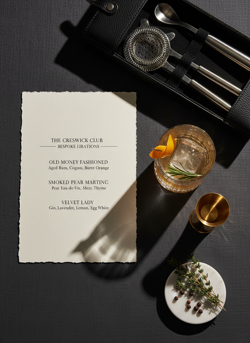 An overhead photographic view of a custom cocktail menu experience laid out on a deep charcoal linen-covered table. A heavy, textured ivory card lists an artfully printed cocktail menu in minimalist serif typography, accompanied by a single, perfectly garnished cocktail in a faceted crystal rocks glass with a large clear ice cube. Beside it sits a polished gold jigger, a black leather-bound bar tools case partially open to reveal gleaming stainless steel tools, and a sprig of fresh herbs resting on a small marble dish. Soft, directional studio lighting from the left creates elegant shadows and highlights the textures of paper, metal, and fabric. The mood is refined and curated, with a clean, modern, photographic style emphasizing bespoke luxury service.