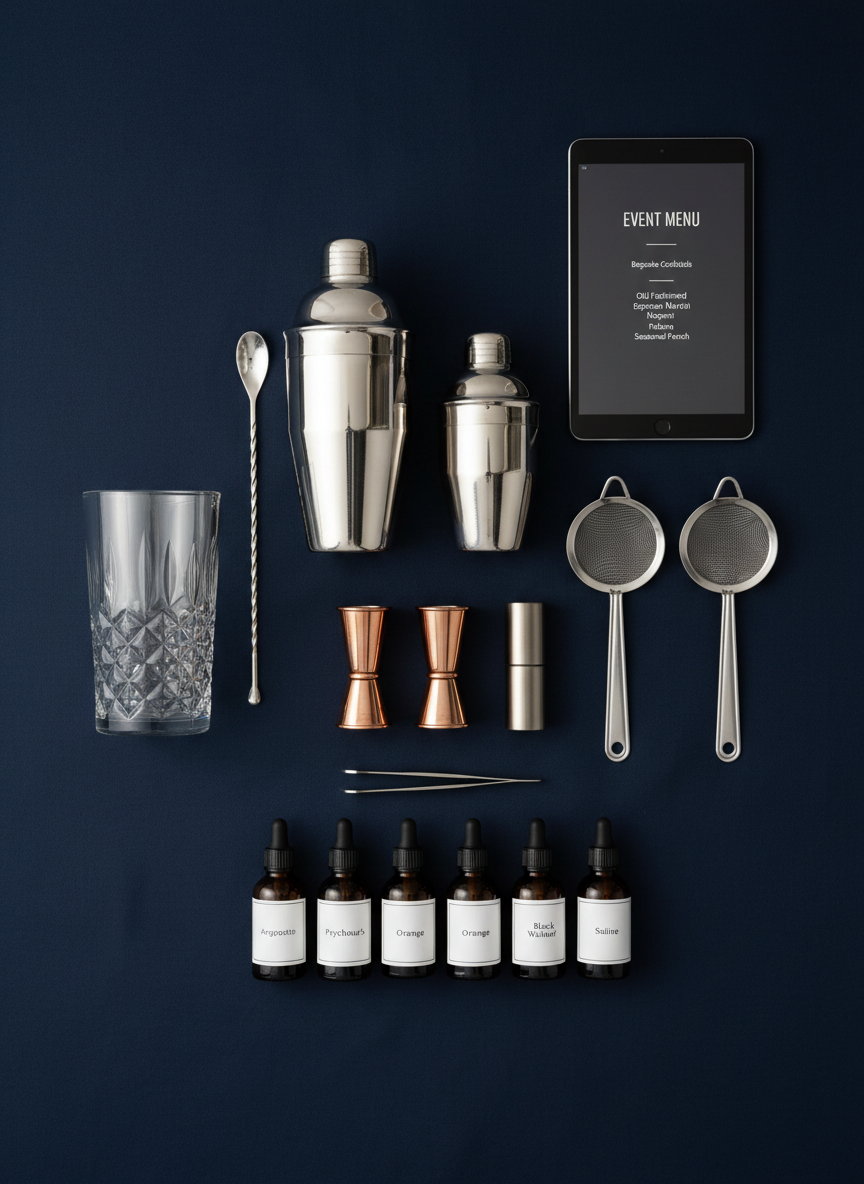An organized, flat-lay photographic composition showcasing the complete toolkit of a high-end mobile bartending service on a deep midnight-blue background. Each item is meticulously aligned: gleaming stainless steel shakers, Japanese-style jiggers, a crystal mixing glass, bar spoons, strainers, garnish tweezers, atomizers, and labeled dropper bottles for bitters. A slim black tablet displaying a digital event menu is included, screen dimmed just enough to be readable without glare. Soft, even studio lighting creates subtle shadows that emphasize form and craftsmanship while preserving a minimal, uncluttered aesthetic. The overall mood is disciplined and professional, highlighting the precision and preparation required for bespoke on-site cocktail service, ideal for explaining capabilities and equipment on a services page.